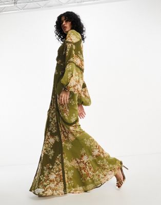 ASOS DESIGN long sleeve lace insert bias maxi dress in green floral print |  ASOS