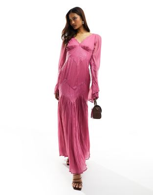 ASOS DESIGN long sleeve lace insert crinkle maxi dress in berry | ASOS