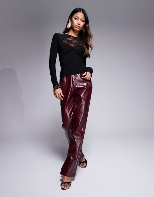 ASOS DESIGN long sleeve lace insert ruched front in black