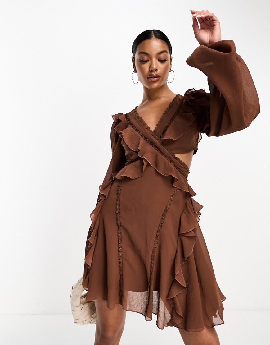 ASOS DESIGN long sleeve lace insert ruffle skater mini dress with cut out in chocolate-Grey