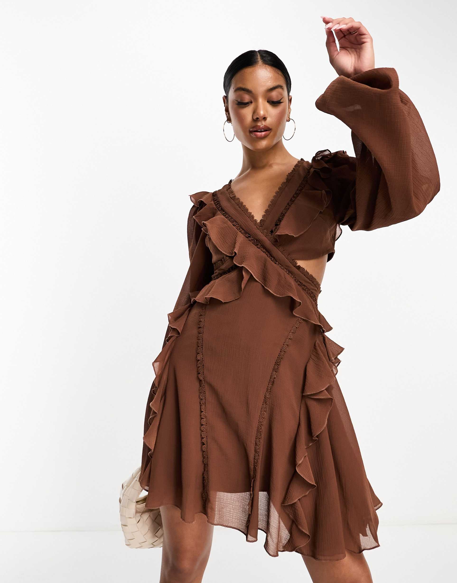 asos design long sleeve lace insert ruffle skater mini dress with cut out in chocolate