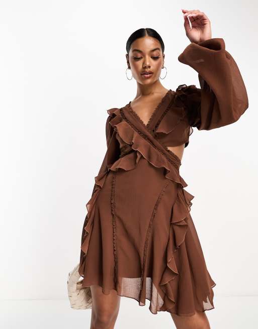 ASOS DESIGN long sleeve lace insert ruffle skater mini dress with cut out  in chocolate