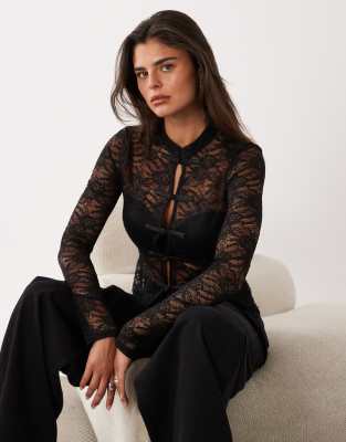 Asos Design Long Sleeve Lace Mandarin Collar Top In Black
