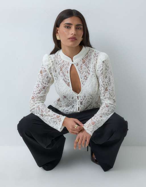 ASOS DESIGN long sleeve lace mandarin collar top in white, 4 of 5