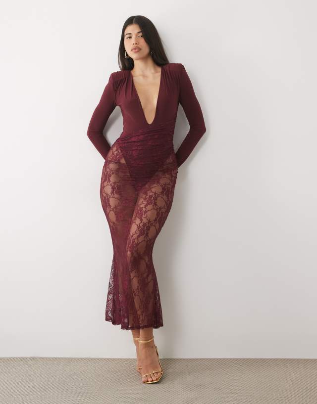 ASOS DESIGN long sleeve lace maxi dress with drape detail in burgundy