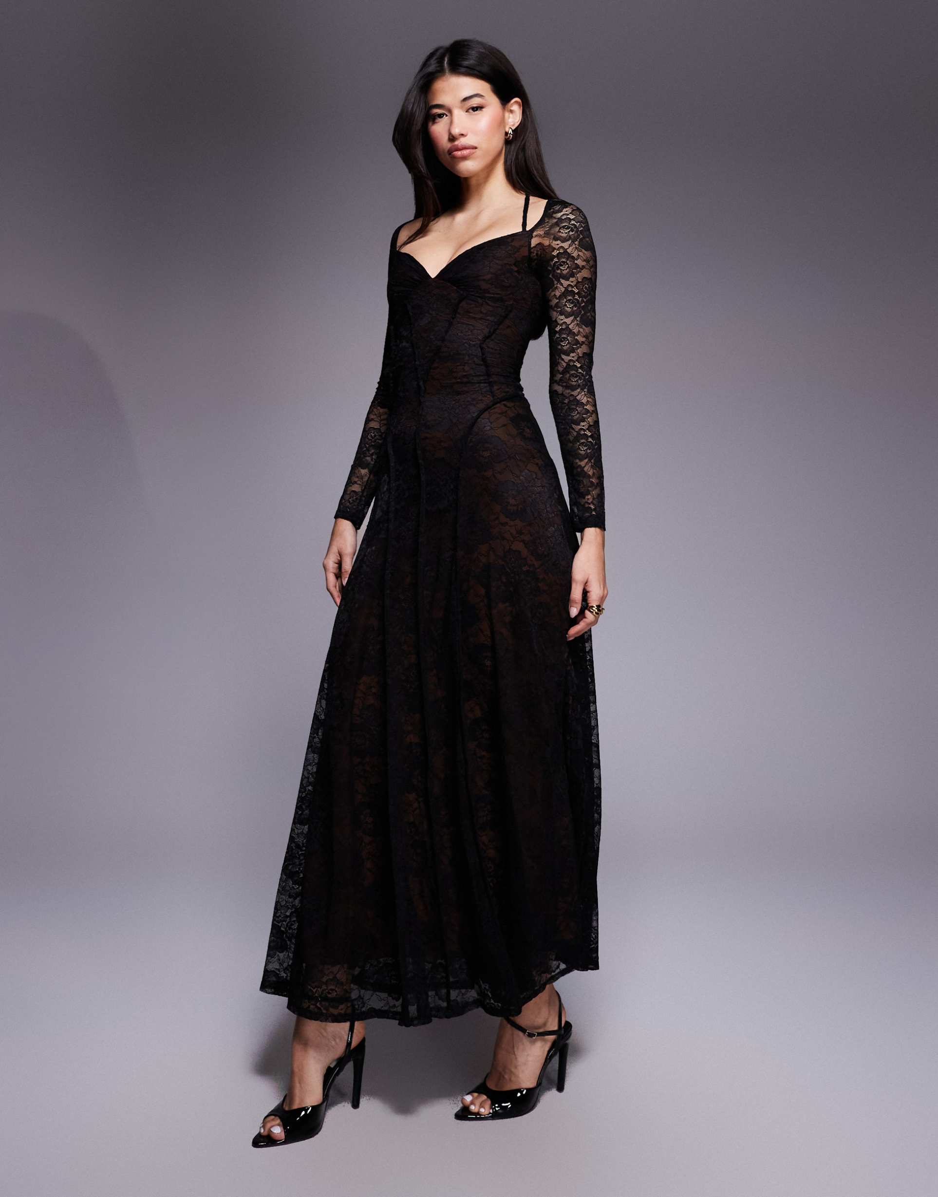 asos design long sleeve lace maxi dress with seam detail in black