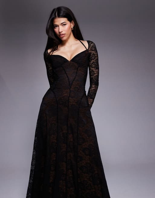 ASOS DESIGN long sleeve lace maxi dress with seam detail in black, 3 of 4