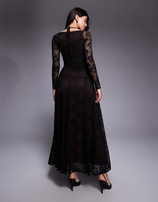 ASOS DESIGN long sleeve lace maxi dress with seam detail in black, 4 of 4