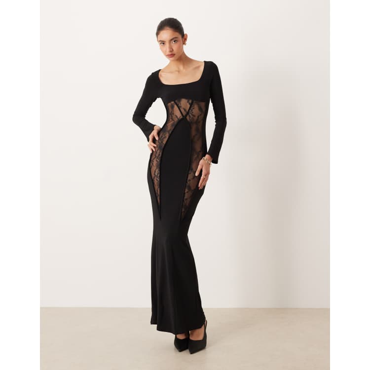 ASOS DESIGN long sleeve lace paneled maxi dress in black | ASOS