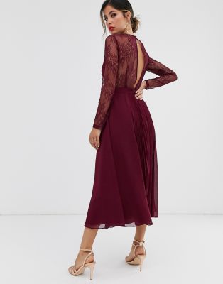 asos design long sleeve lace top prom midi dress