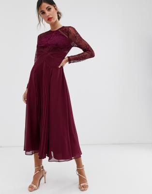 burgundy pleated midi dress