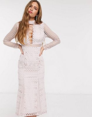 asos design long sleeve lace top prom midi dress