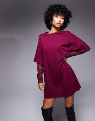 Asos Design Long Sleeve Lace Sleeve T Shirt Mini Dress In Burgundy - Asos Mini Dress New In 29th October 2024