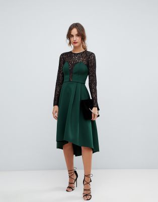 asos design long sleeve lace top prom midi dress