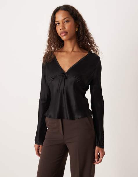 ASOS DESIGN long sleeve lace trim satin blouse in black - view 1