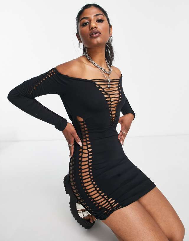 ASOS DESIGN long sleeve lace up macrame body-conscious mini dress in black