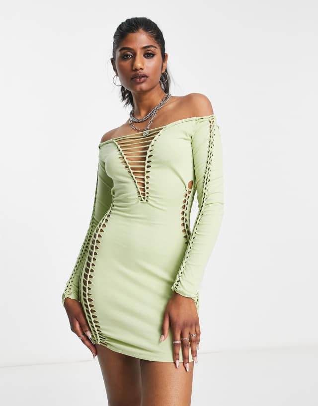 ASOS DESIGN long sleeve lace up macrame body-conscious mini dress in light green