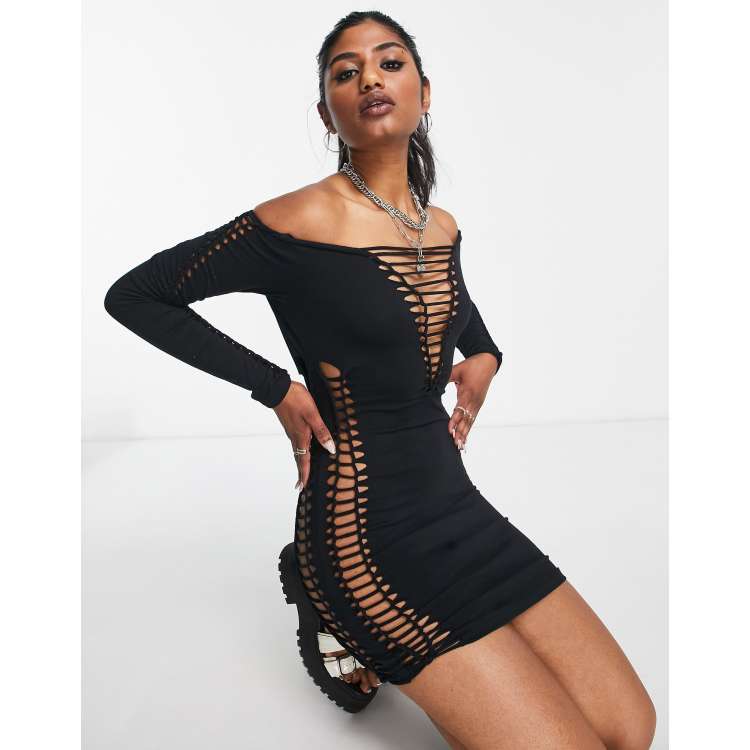 ASOS DESIGN long sleeve lace up macrame bodycon mini dress in black