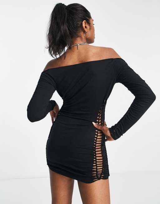 ASOS DESIGN long sleeve lace up macrame bodycon mini dress in black