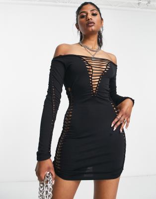 Lace up your sleeve black lace long store sleeve bodycon dress