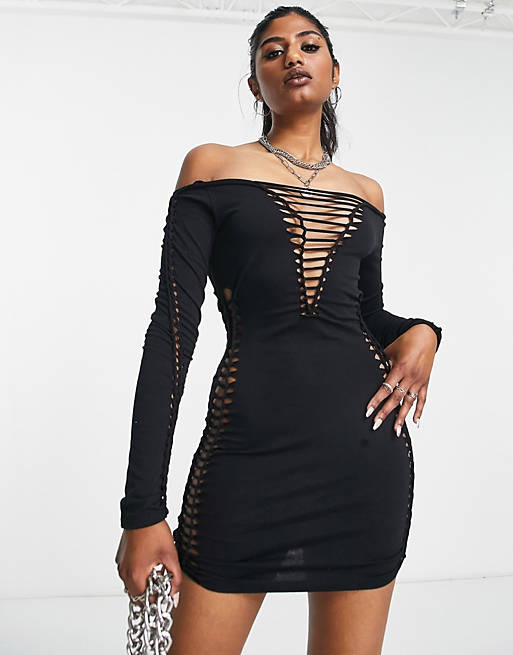 ASOS DESIGN long sleeve lace up macrame bodycon mini dress in black