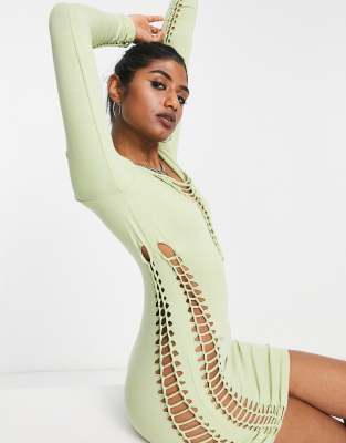 ASOS DESIGN long sleeve lace up macrame bodycon mini dress in black