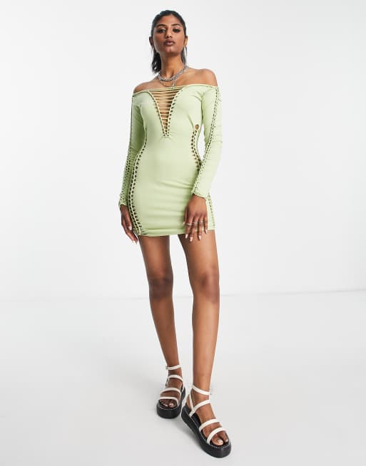 ASOS DESIGN long sleeve lace up macrame bodycon mini dress in light green