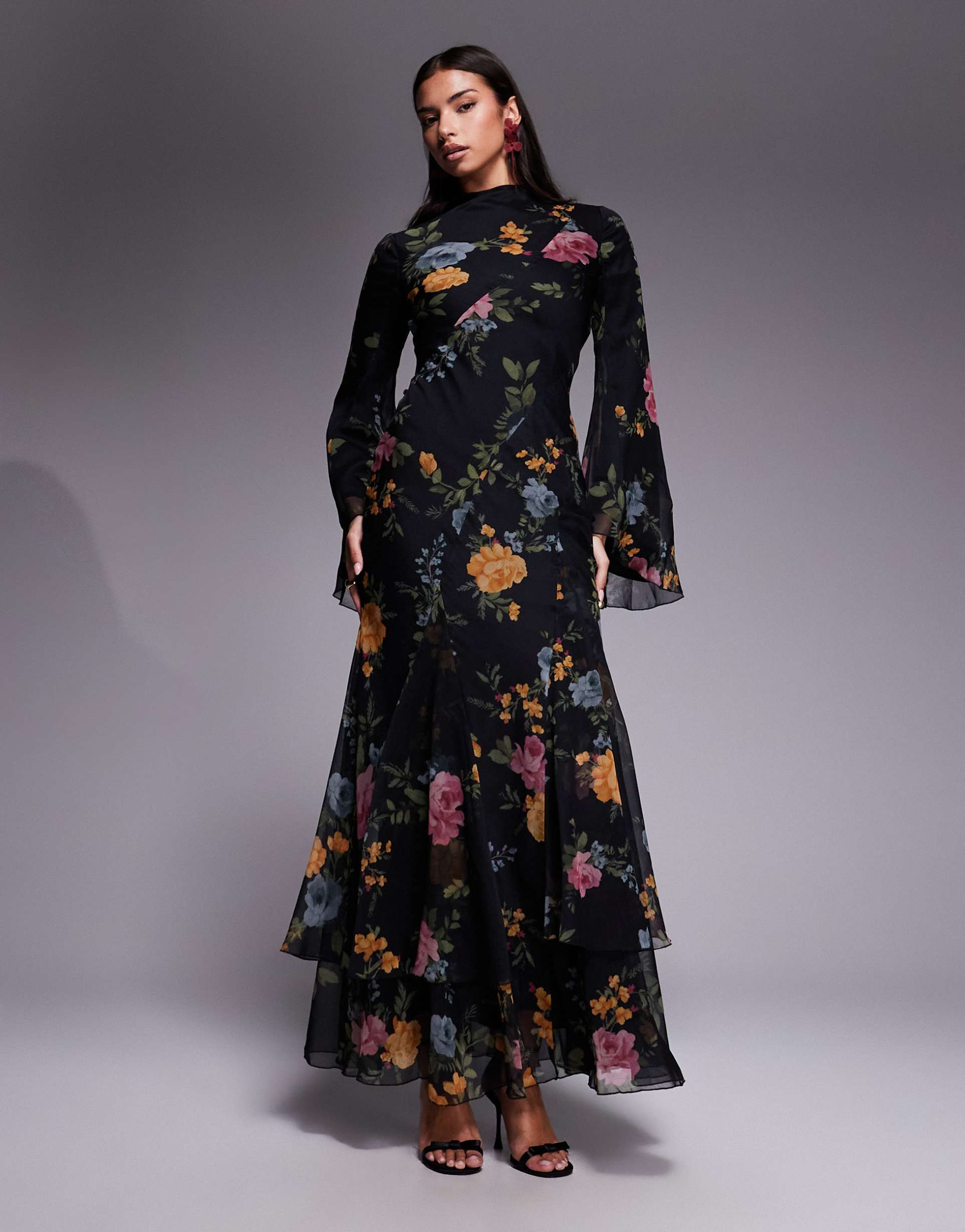 asos design long sleeve layered godet bias cut maxi dress in black floral