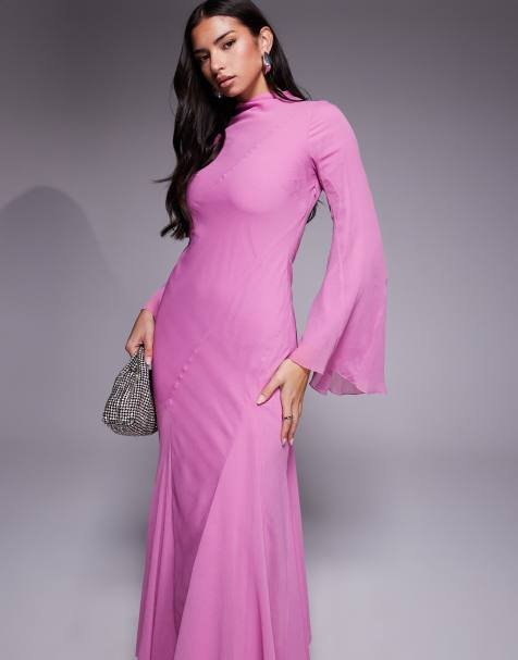 ASOS DESIGN long sleeve layered godet bias cut maxi dress in pink - view 1