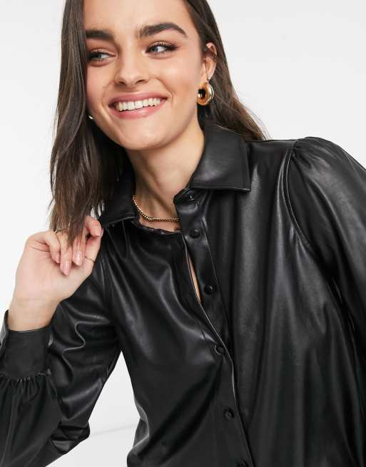 ASOS DESIGN long sleeve leather look shirt in black