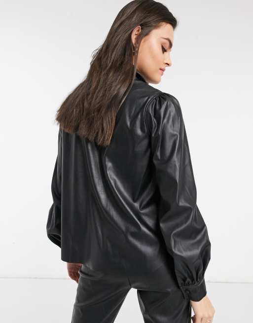 ASOS DESIGN long sleeve leather look shirt in black, 2 of 4