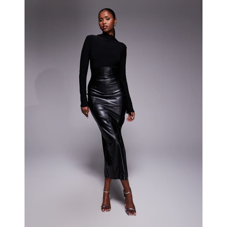 ASOS DESIGN long sleeve leather look hybrid pencil midi dress in black |  ASOS