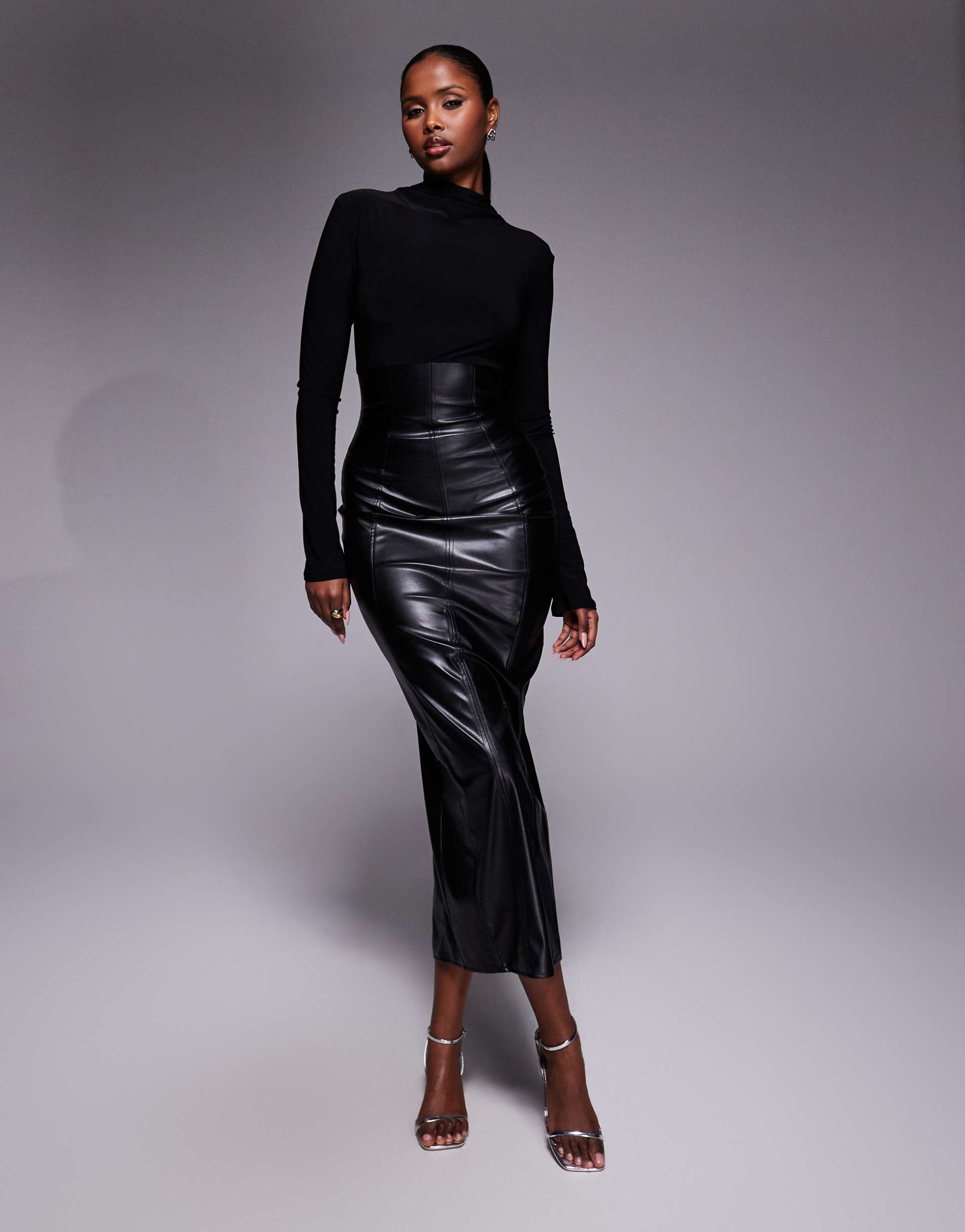 asos design long sleeve leather look hybrid pencil midi dress in black