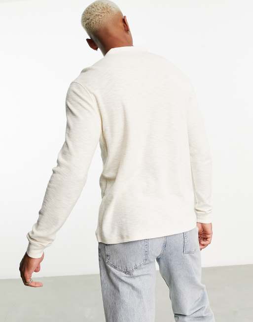 ASOS DESIGN long sleeve linen look henley t shirt in ecru