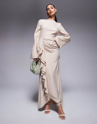ASOS DESIGN long sleeve linen look maxi dress with ruffle skirt in stone-Neutral