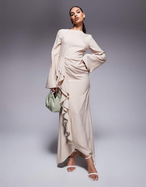 ASOS DESIGN long sleeve linen look maxi dress with ruffle skirt in stone