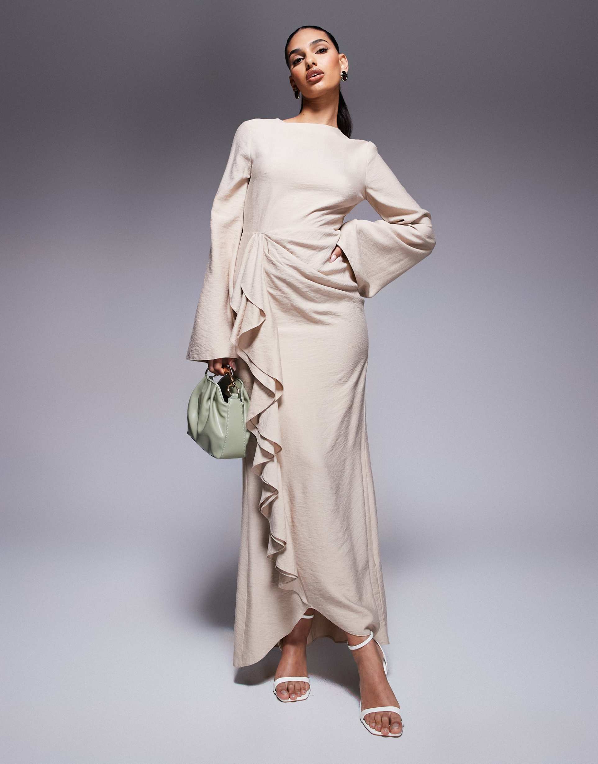 asos design long sleeve linen look maxi dress with ruffle skirt in stone