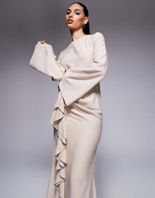 ASOS DESIGN long sleeve linen look maxi dress with ruffle skirt in stone