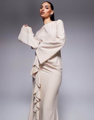 ASOS DESIGN long sleeve linen look maxi dress with ruffle skirt in stone