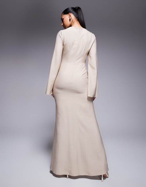 ASOS DESIGN long sleeve linen look maxi dress with ruffle skirt in stone