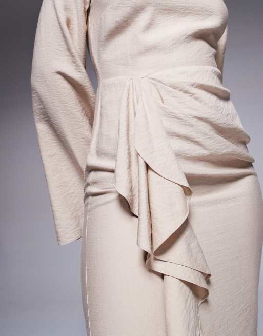 ASOS DESIGN long sleeve linen look maxi dress with ruffle skirt in stone