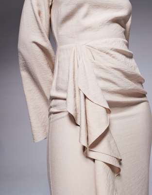 ASOS DESIGN long sleeve linen look maxi dress with ruffle skirt in stone