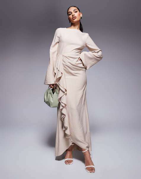 ASOS DESIGN long sleeve linen maxi dress with ruffle skirt in stone