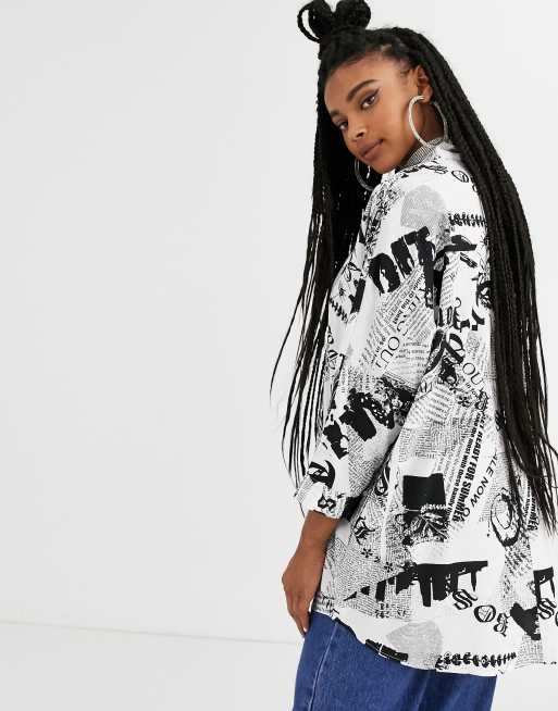 ASOS DESIGN long sleeve longline soft shirt in graphic newspaper print