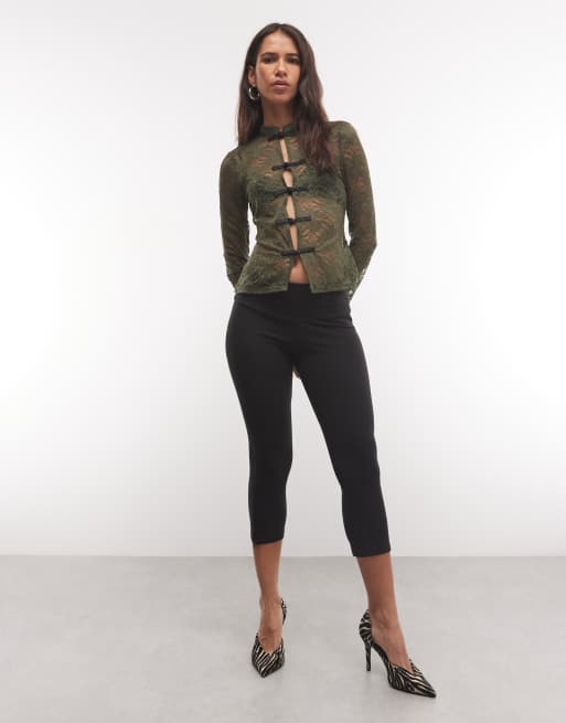 ASOS DESIGN long sleeve mandarin collar lace top in khaki , 2 of 4
