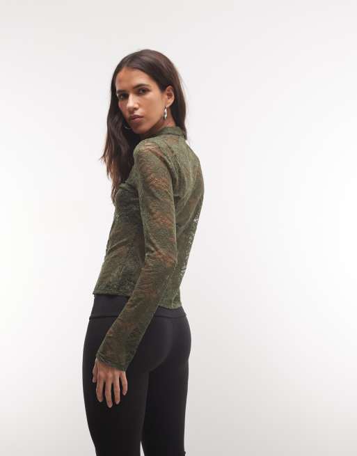ASOS DESIGN long sleeve mandarin collar lace top in khaki , 4 of 4