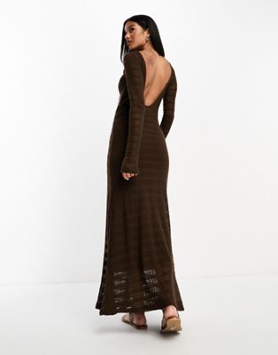 ASOS DESIGN long sleeve maxi crochet dress in chocolate