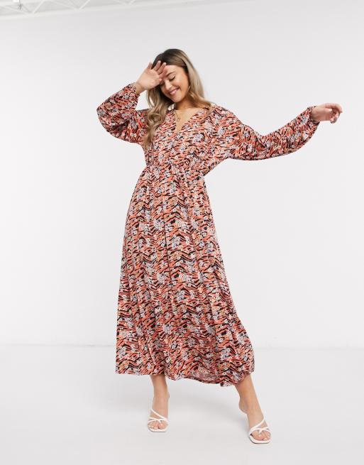 ASOS DESIGN long sleeve maxi dress in black and orange animal floral ...