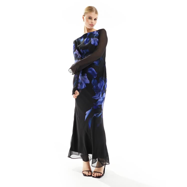 ASOS DESIGN long sleeve maxi dress in black with blue floral print