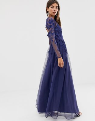 asos design long sleeve maxi dress in embroidered mesh